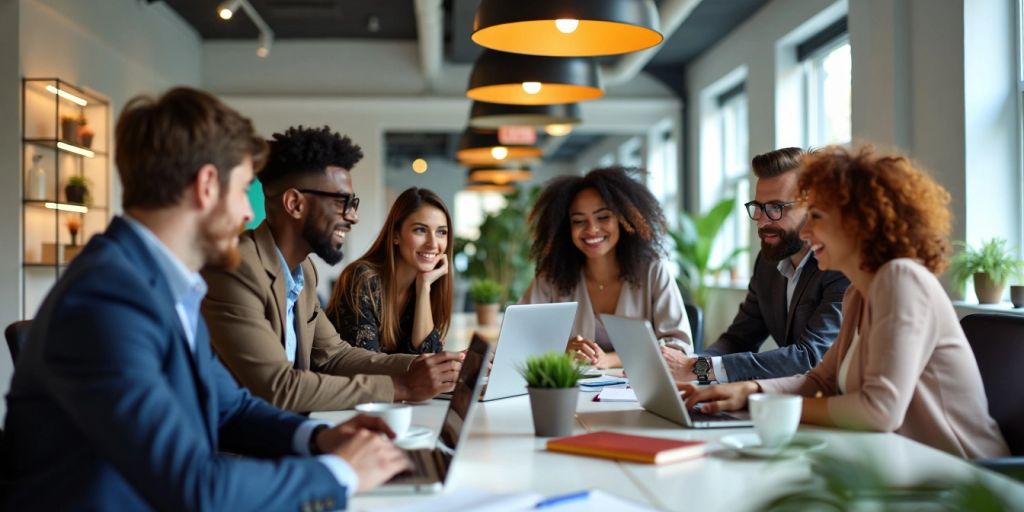 Group of entrepreneurs working together in a modern office.