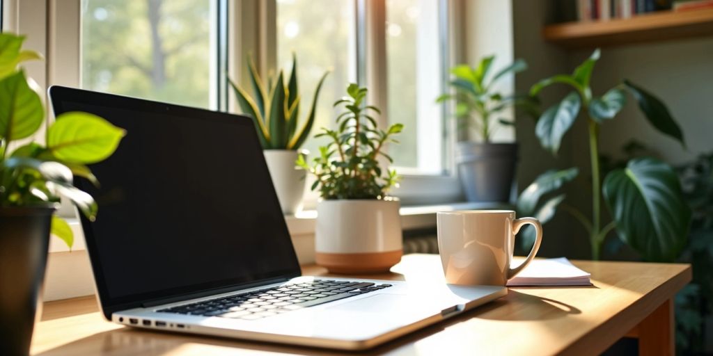 Bright workspace with laptop and coffee cup.