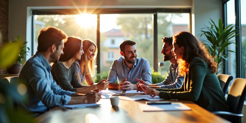 Diverse professionals collaborating in a bright office space.