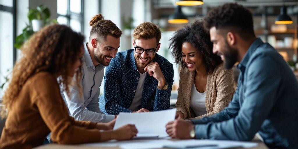 Diverse professionals collaborating in a modern office setting.